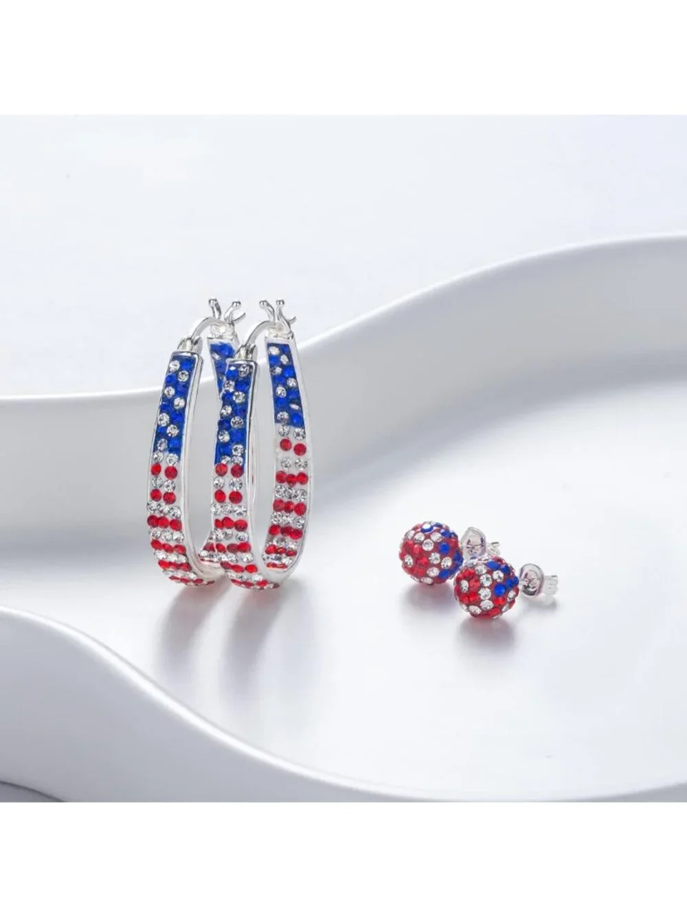 Sparkly Crystal Hoop Earrings - Patriotic Red, White & Blue Silver Plated